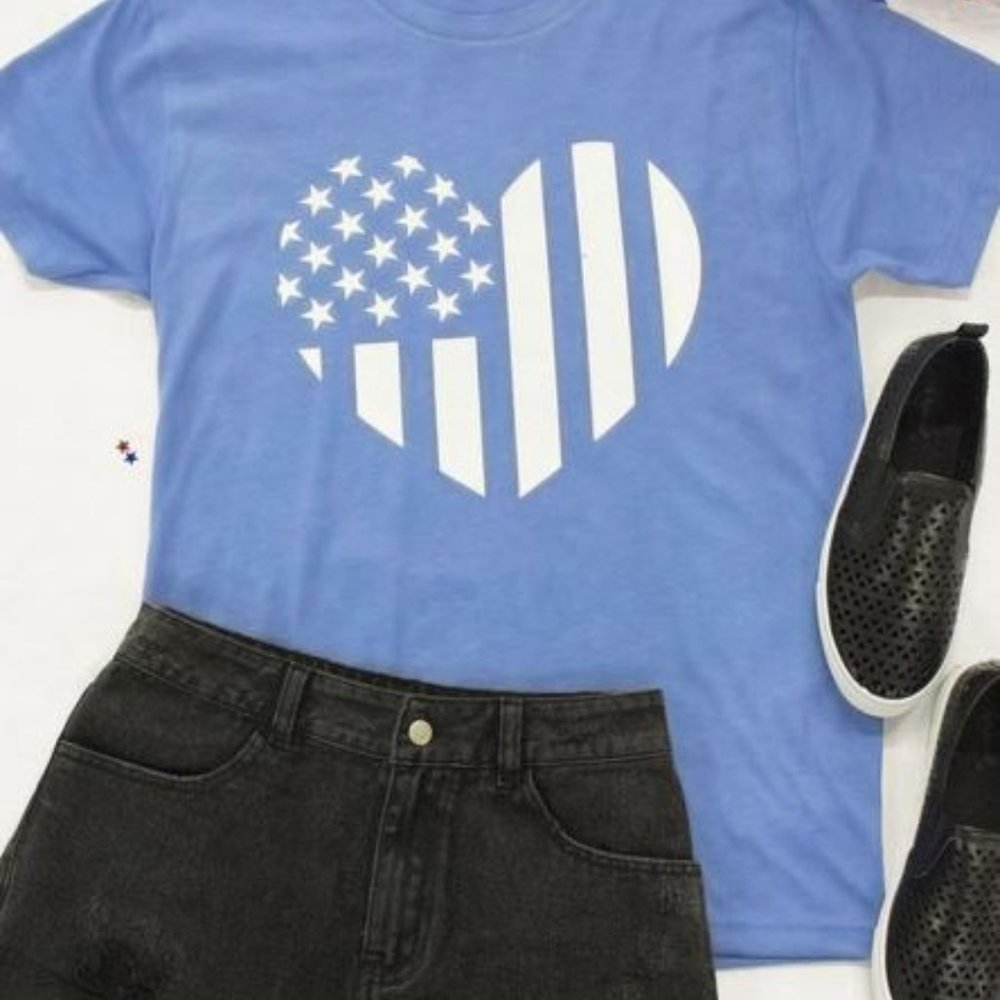 Sky Blue Flag Heart Print Graphic Tee